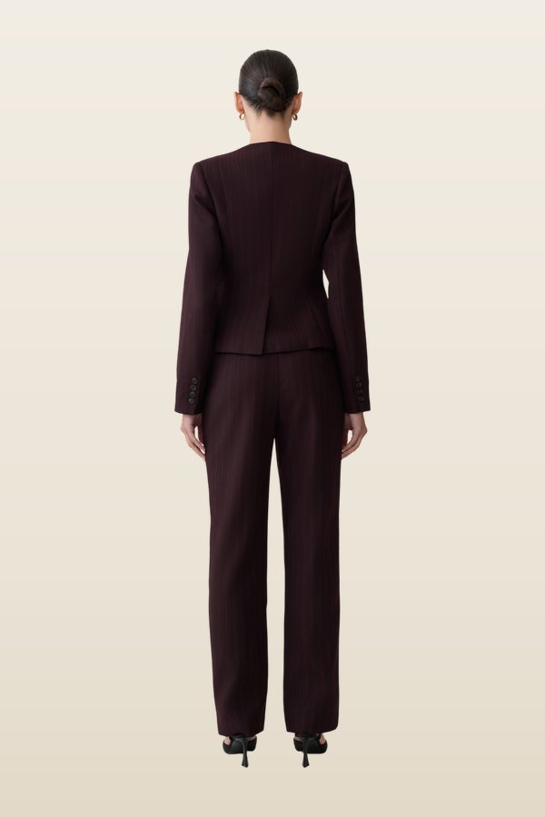Agatha Straight Leg Suiting Pants - Plum Pinstripe — model back