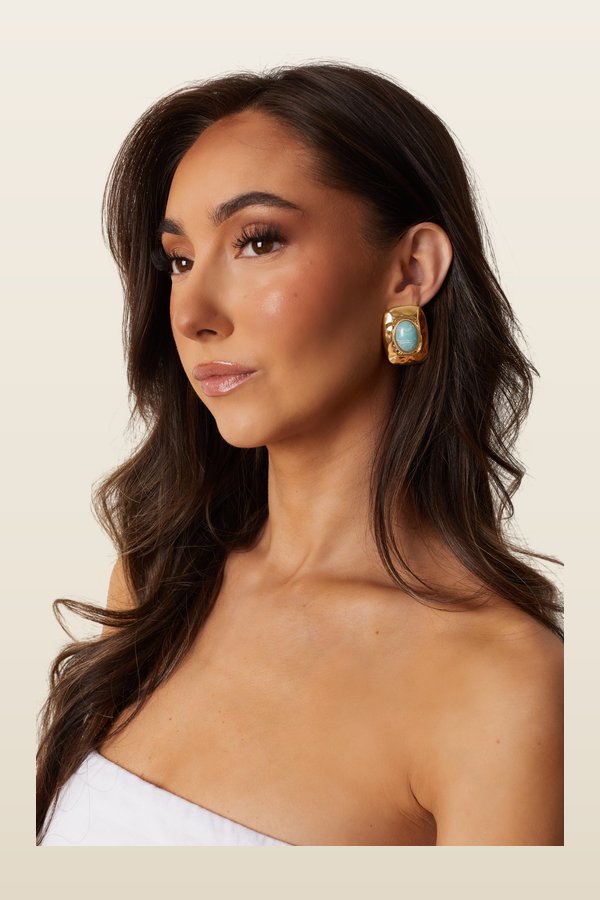 Annalise Blue Stone Square Earrings — model back