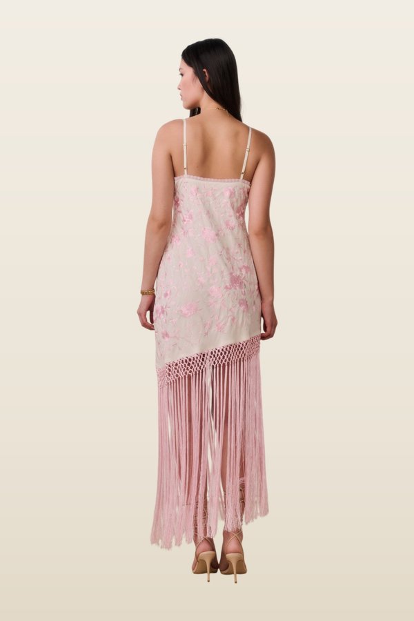 Evalette Floral Fringe Maxi Dress — model back
