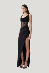 Kelela Draped Slinky And Lace Maxi Dress — model side