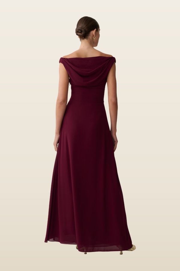 Mabel Off Shoulder Chiffon Maxi Dress - Merlot — model back