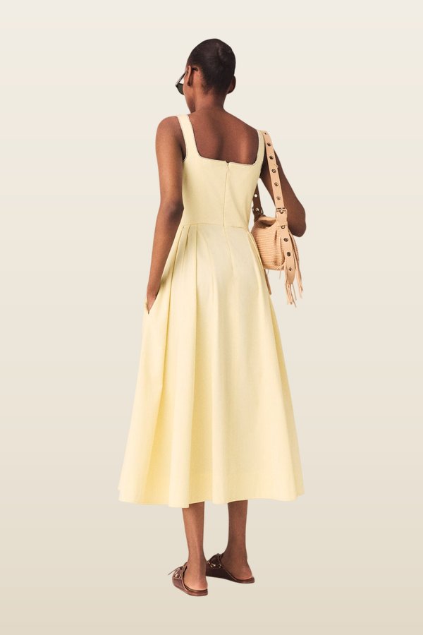 Flared rhinestone-trim midi dress — model back