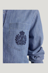 NY Crest Oversized Denim Shirt — model side
