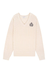 NY Crest V-Neck Cable Sweater — packshot
