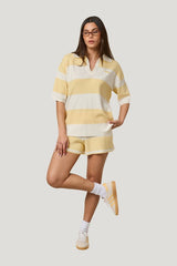 Stripe Knitted Collar Short Sleeve Top - Lemon Sorbet — model front