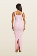 The Cinched Lace Corset Maxi Set in Baby — model back