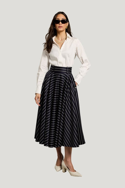 360 Maxi Circle Skirt (Ink Navy Wide Stripe) — model front