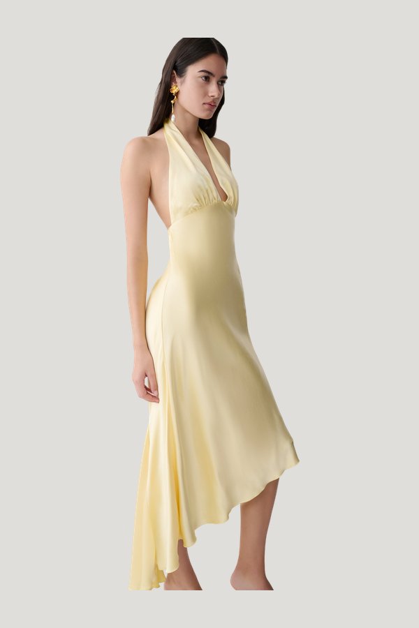 Adelie Asymmetric Hem Halter Midi Dress - Butter — model front