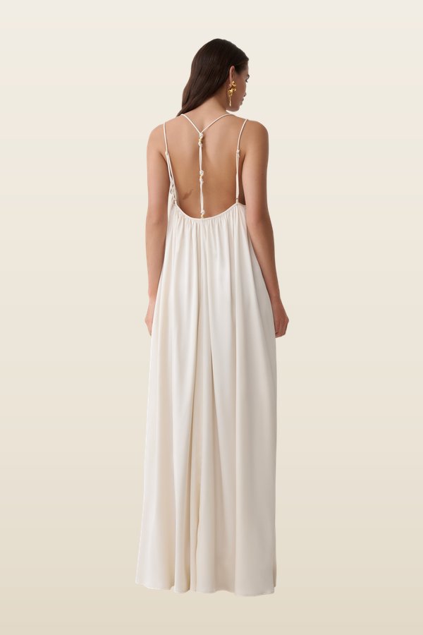 Adriana Satin Gathered Maxi Dress — model back