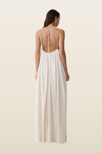 Adriana Satin Gathered Maxi Dress — model back