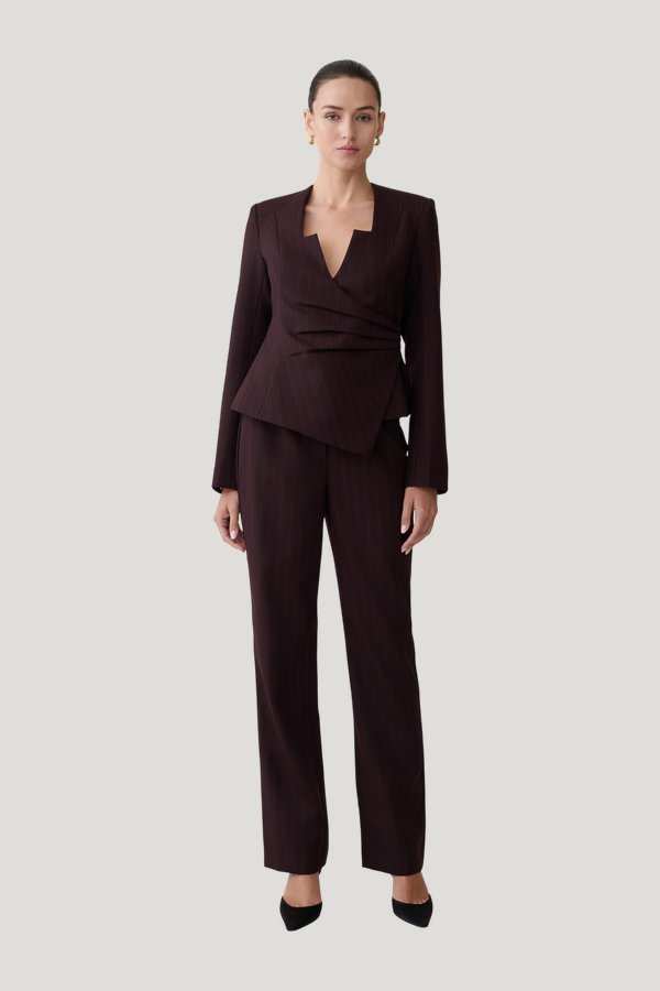Agatha Straight Leg Suiting Pants - Plum Pinstripe — model front