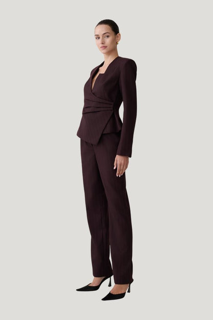 Agatha Straight Leg Suiting Pants - Plum Pinstripe — model side