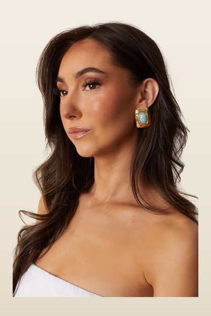 Annalise Blue Stone Square Earrings — model back