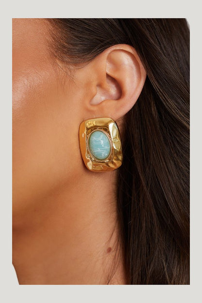 Annalise Blue Stone Square Earrings — model side