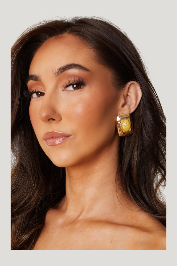 Annalise Yellow Stone Square Earrings — model side
