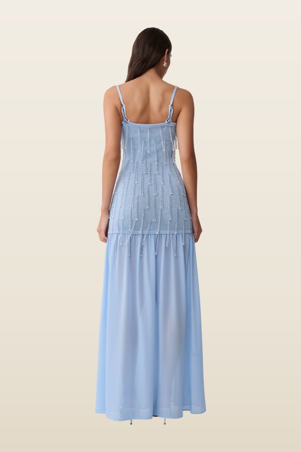 Belinda Beaded Knit & Chiffon Maxi Dress — model back