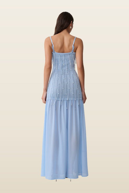 Belinda Beaded Knit & Chiffon Maxi Dress — model back