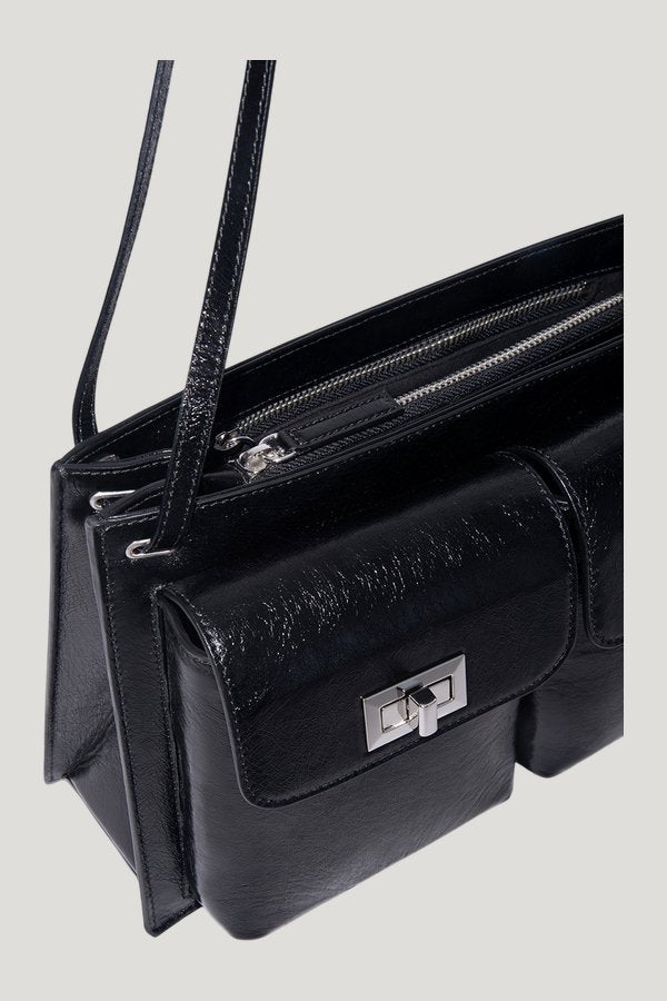 Billy Tote Black Creased Leather Shoulder Bag — model side