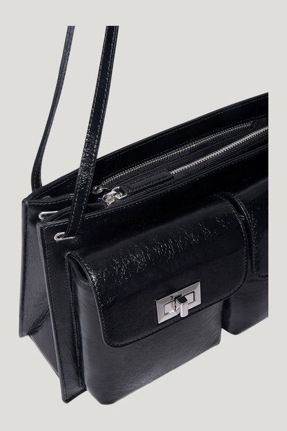 Billy Tote Black Creased Leather Shoulder Bag — model side