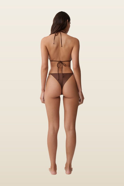 Bloom Embroidered Bikini Bottom - Chocolate With Pale Blue Embroidery — model back