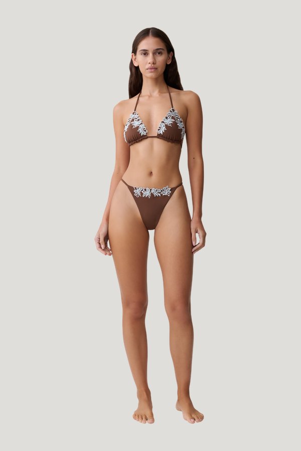 Bloom Embroidered Bikini Bottom - Chocolate With Pale Blue Embroidery — model front
