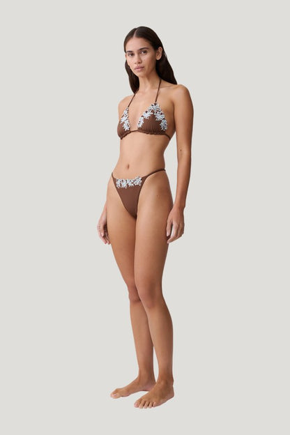 Bloom Embroidered Bikini Bottom - Chocolate With Pale Blue Embroidery — model side