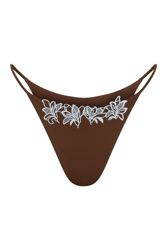 Bloom Embroidered Bikini Bottom - Chocolate With Pale Blue Embroidery — packshot