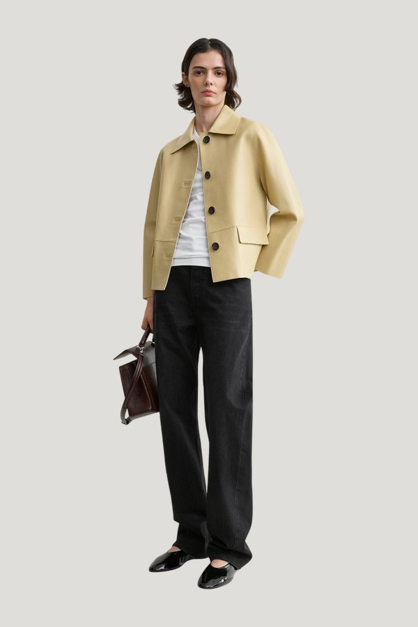 Bonded leather jacket chai — model front