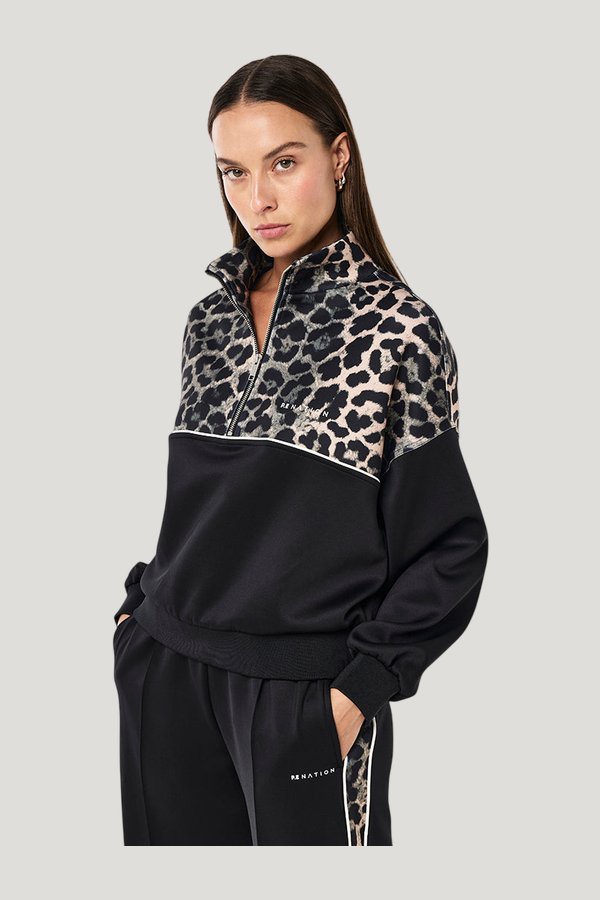 Boundless Zip Neck Sweat In Black & Leopard — model side