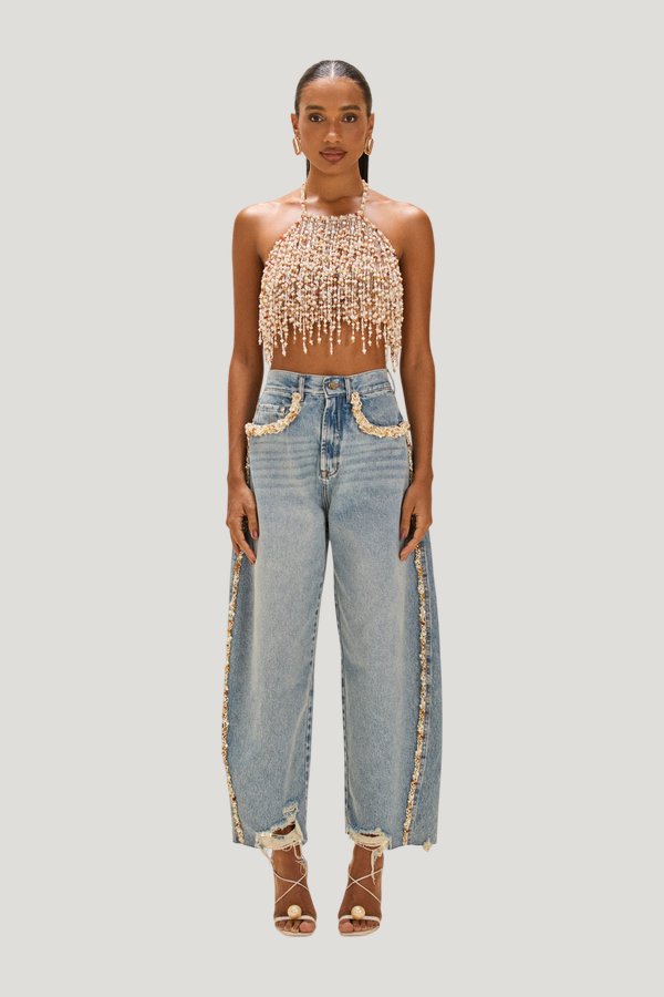 Camila Coelho Beaded Denim Pant — model front