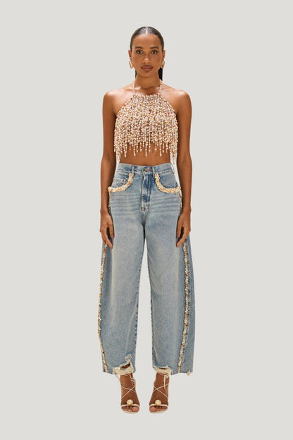 Camila Coelho Beaded Denim Pant — model front