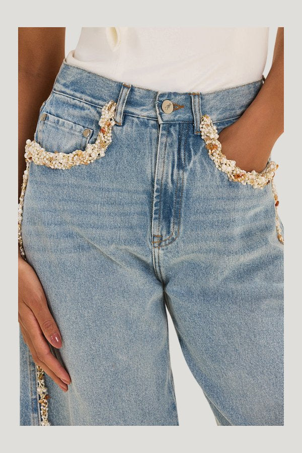 Camila Coelho Beaded Denim Pant — model side