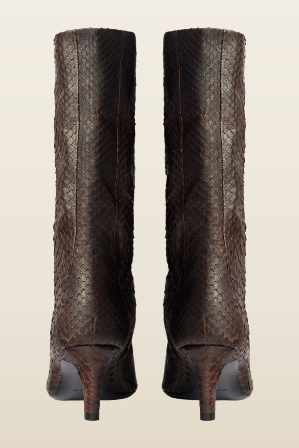 Cave Mid Calf Boot in Dark Brown Python Leather — model back