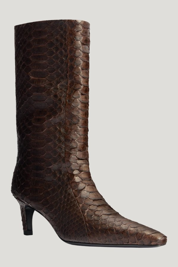 Cave Mid Calf Boot in Dark Brown Python Leather — model front