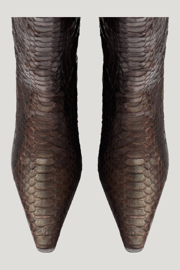 Cave Mid Calf Boot in Dark Brown Python Leather — model side