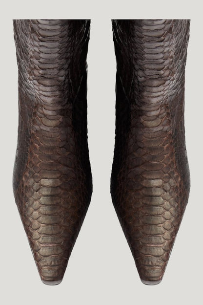 Cave Mid Calf Boot in Dark Brown Python Leather — model side