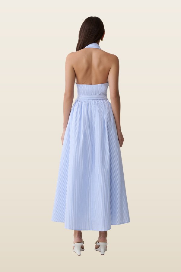 Cindy Collared Midi Dress - Blue Pinstripe — model back