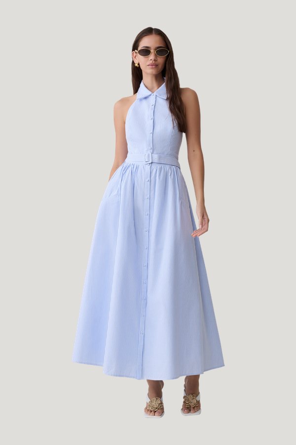 Cindy Collared Midi Dress - Blue Pinstripe — model front