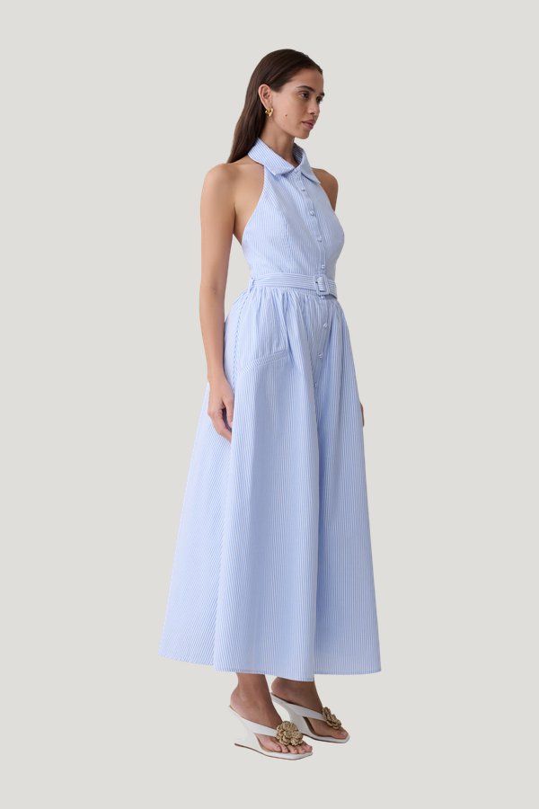 Cindy Collared Midi Dress - Blue Pinstripe — model side