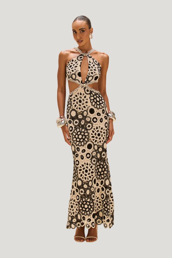 Coral Crochet Maxi Dress — model front
