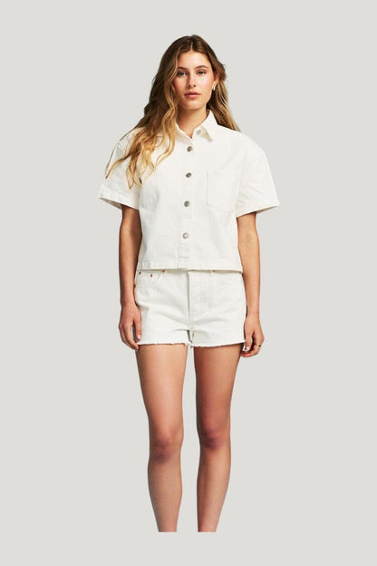 Cropped Short Sleeve Denim Shirt — model front