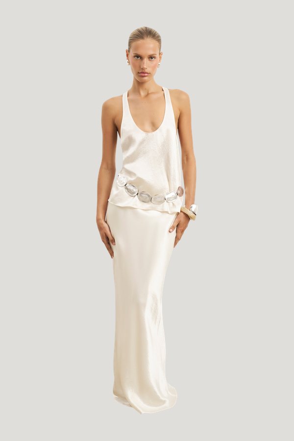 Crushed Satin Bias Cut Maxi Skirt — model side