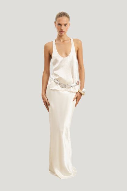 Crushed Satin Bias Cut Maxi Skirt — model side