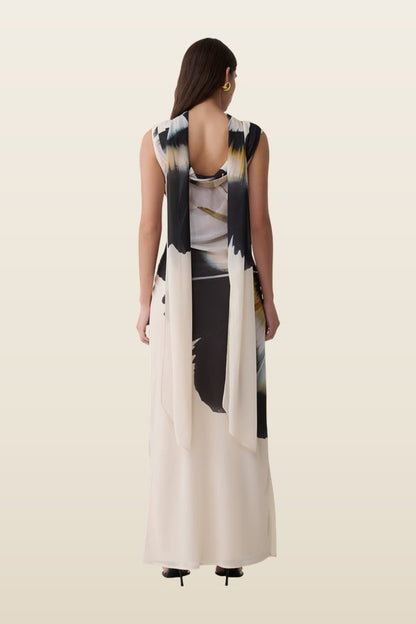 Dakota Chiffon Maxi Dress With Scarf - Ivory Oversized Floral Print — model back
