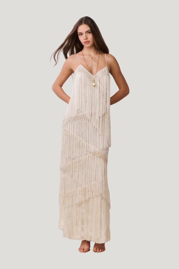 Delphi Fringe Lace Gown — model front