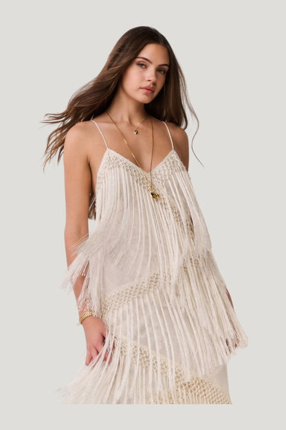 Delphi Fringe Lace Gown — model side