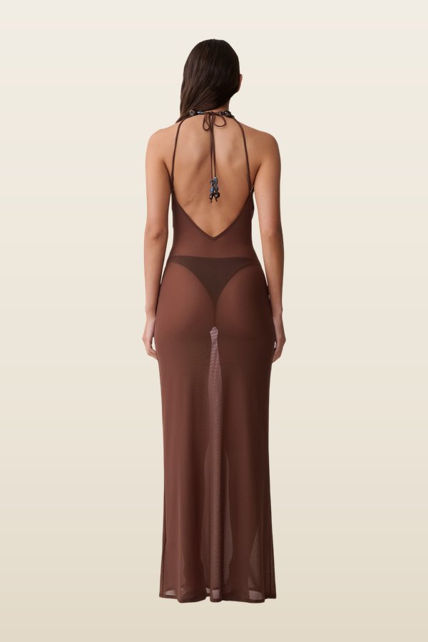 Ethal Mesh Cowl Neck Beaded Maxi Dress — model back
