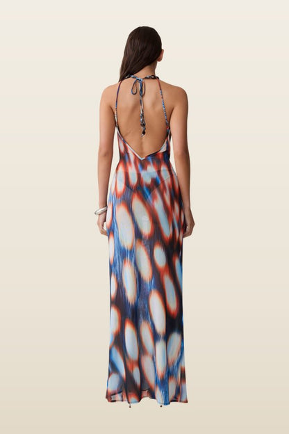 Ethel Mesh Cowl Plunge Maxi - Blue Abstract Print — model back