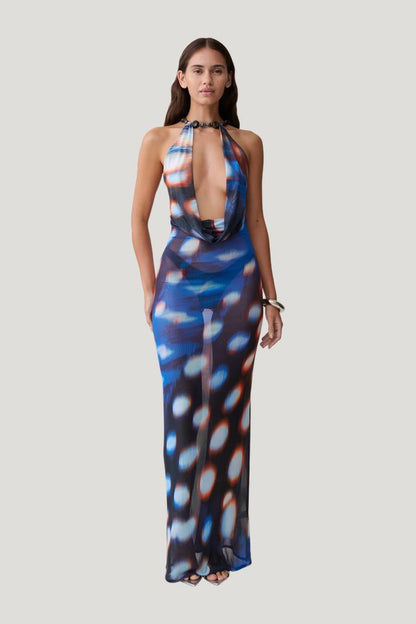 Ethel Mesh Cowl Plunge Maxi - Blue Abstract Print — model front
