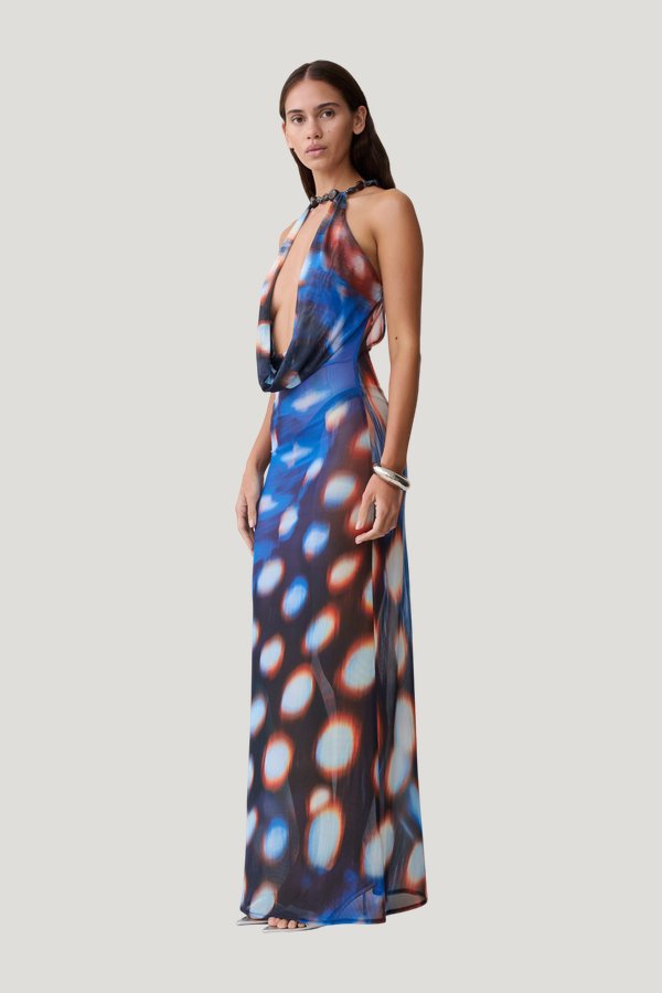 Ethel Mesh Cowl Plunge Maxi - Blue Abstract Print — model side